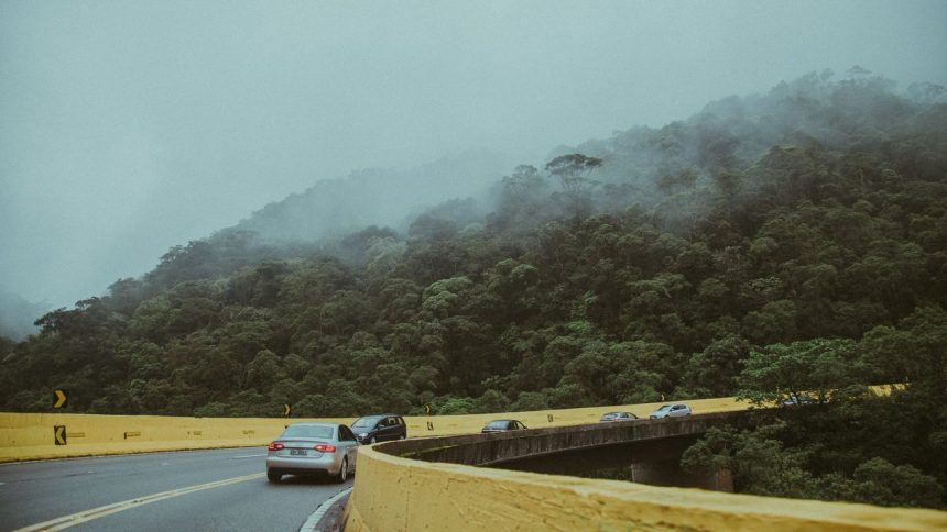 Vários carros percorrem uma estrada sinuosa cercada por vegetação e montanhas cobertas de neblina.