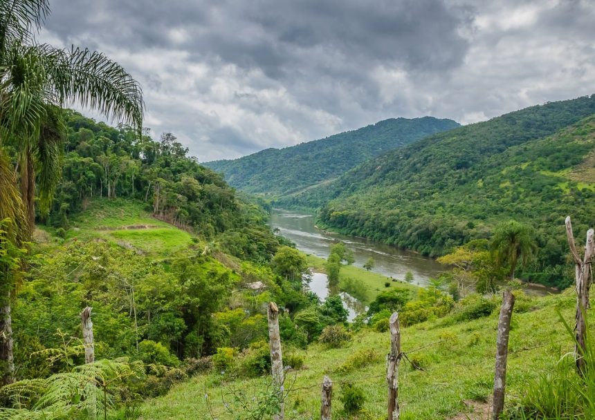 Rio sinuoso atravessando um vale coberto por vegetação, sob céu nublado.